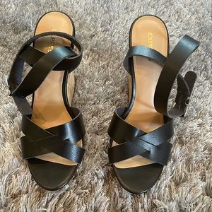 Express black strap cork wedges